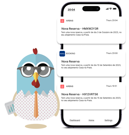 Mascote Hostz com notificações de novas reservas no telemóvel